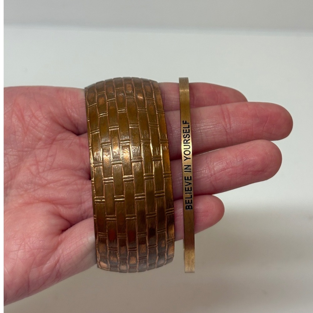 2pc Copper Tone Basketweave Cuff & Believe In Yourself Brass Bangle Set